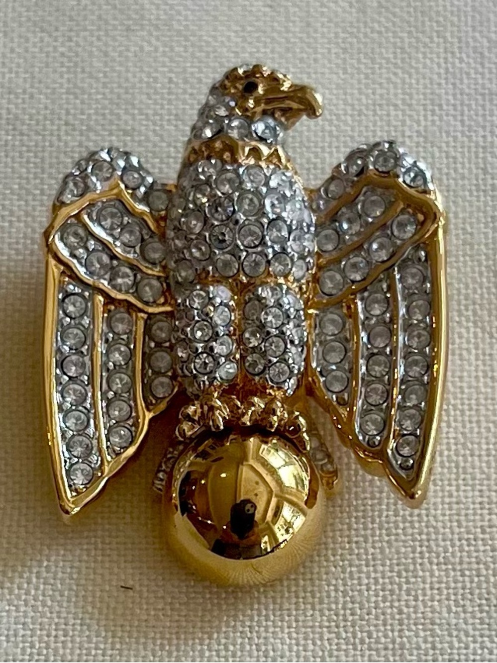 Swarovski Crystal Perched Eagle on Ball, Golden Pin Brooch